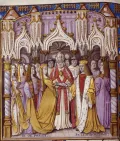 Свадьба английского короля Генриха V и Екатерины Валуа. 2 июня 1420. Миниатюра из Больших французских хроник. 1487. Бри