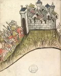 Отряд рыцарей въезжает в Вормс. Миниатюра из поэмы «Розенгартен». 1420