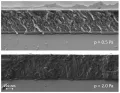 СЭМ-изображения поперечного сечения тонких плёнок карбида кремния, осаждённых при давлениях рабочего газа 0,5 и 2,0 Па соответственно