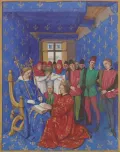Король Англии Эдуард I приносит оммаж королю Франции Филиппу IV. Миниатюра из Больших французских хроник. 15 в. 