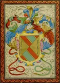 Герб рода Мендоса. Миниатюра из рукописи: Ejecutoria de hidalguía de Alonso de la Vega, vecino del valle de Tebra (Asturias). 1536–1590