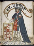 Генри Гросмонт с геральдическими символами Ордена Подвязки. Миниатюра из Гербовника Ордена Подвязки. Ок. 1430–1440