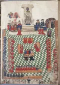 Король Англии Генрих VIII на открытии Парламента. 15 апреля 1523. Миниатюра из «Книги Ордена Подвязки» Томаса Ризли. Ок. 1530
