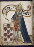 Король Англии Эдуард III с геральдическими символами Ордена Подвязки. Миниатюра из Гербовника Ордена Подвязки. Ок. 1430–1440