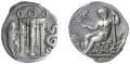 Статер, серебро. На лицевой стороне – молодой Геракл. На оборотной стороне – Аполлон, стреляющий в Пифона. Кротона (Италия). 425–350 до н. э.