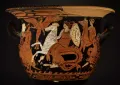 Фетида в сопровождении нереид везёт Ахиллу доспехи, изготовленные Гефестом. Изображение на краснофигурном кратере. Ок. 350 до н. э.