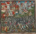 Войска конфедератов обращают в бегство армию Карла Смелого. 1474. Миниатюра из Люцернской хроники Дибольда Шиллинга Младшего. 1513