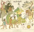Испанские конкистадоры и их союзники-тласкальтеки нападают на город тарасков Мичоакан. Иллюстрация по рисункам из рукописи «Lienzo de Tlaxcala» («Тлашкаланский холст») 16 в. 