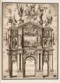 Теодор ван Тюльден. Труимфальная арка Фердинанда, передний фасад. Гравюра по рисунку Питера Пауля Рубенса. 1635–1641