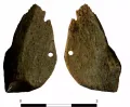 Костяной отщеп с двумя просверленными отверстиями из верхнепалеолитического слоя стоянки Цаган-Агуй