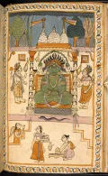 Божество Паршванатха, сидящее внутри храмового сооружения в окружении верующих. Миниатюра из «Семидесяти рассказов попугая». 18 в.