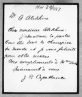 Письмо Хосе Рауля Капабланки Александру Алехину с признанием поражения в матче. 1927