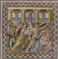 Одиссей (слева) обнаруживает Ахилла, спрятанного матерью среди девушек на о. Скирос. Мозаика