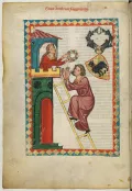 Граф Крафт фон Тоггенбург получает от возлюбленной награду в виде венка. Миниатюра из Манесского кодекса. 1300–1340