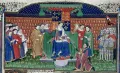 Король Англии Генрих VI на троне вручает меч графу Шрусбери как коннетаблю Франции. Миниатюра из рукописи Алена Шартье «Бревиарий знати»