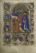 Джон Ланкастерский, 1-й герцог Бедфорд молится перед святым Георгием. Миниатюра из Часослова Бедфорда. Ок. 1410–1430