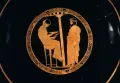 Афинский царь Эгей перед богиней Фемидой в образе пифии. Изображение на краснофигурном килике мастера Кодроса. 440–430 до н. э. 