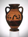 Сцена торговли. Изображение на чернофигурной амфоре мастера Талеида. Ок. 540–530 до н. э. 