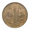 Герб Ост-Индской компании на аверсе монеты номиналом 10 кэш. 1808