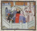 Ричарда II привозят к Генриху Болингброку в замок Флинт. Миниатюра из рукописи Жана Кретона «Книга о пленении и смерти короля Ричарда II». Ок. 1401–1405