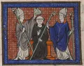 Инвеститура епископа аббатом. Миниатюра из Декрета Гисберта из Стаутенбурга. 1285–1305