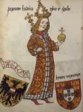 Фридрих III Габсбург с императорским гербом, гербом супруги Элеоноры Португальской и аббревиатурой «A.E.I.O.U.». Миниатюра из Гербовника. 1475–1499