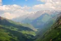 Долина реки Баксан в Приэльбрусье, вид с горы Чегет (Кабардино-Балкария, Россия)