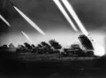 Залп батареи реактивных минометов БМ-13-12 «Катюша» 1-го Украинского фронта. Украина. Лето 1944