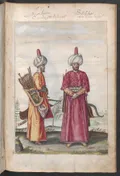 Ага (офицер) янычаров и янычар-бёлюк (член личной гвардии султана). Миниатюра из рукописи «Путешествия в Испанию, Вену 
