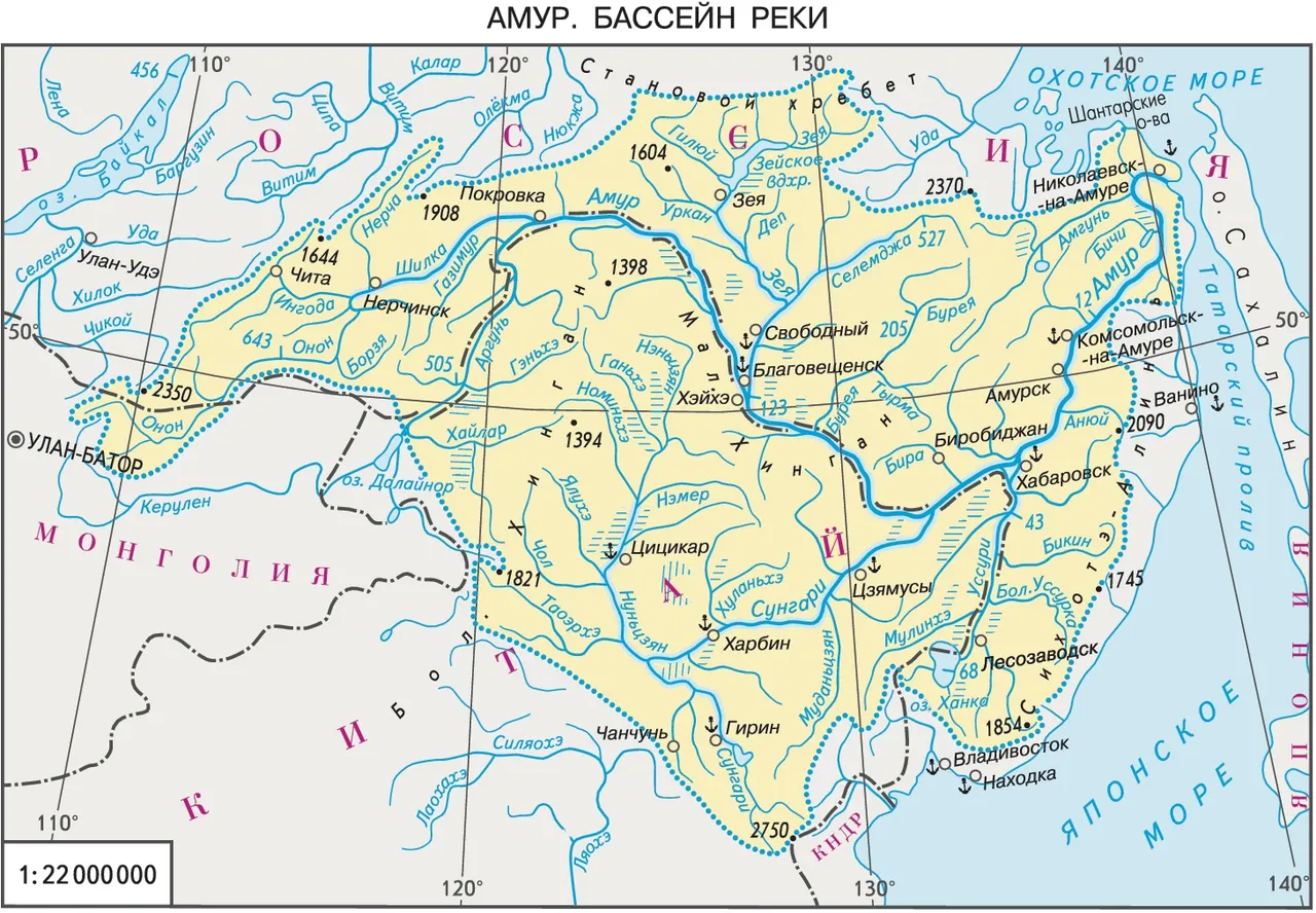 Бассейн реки Амур на карте